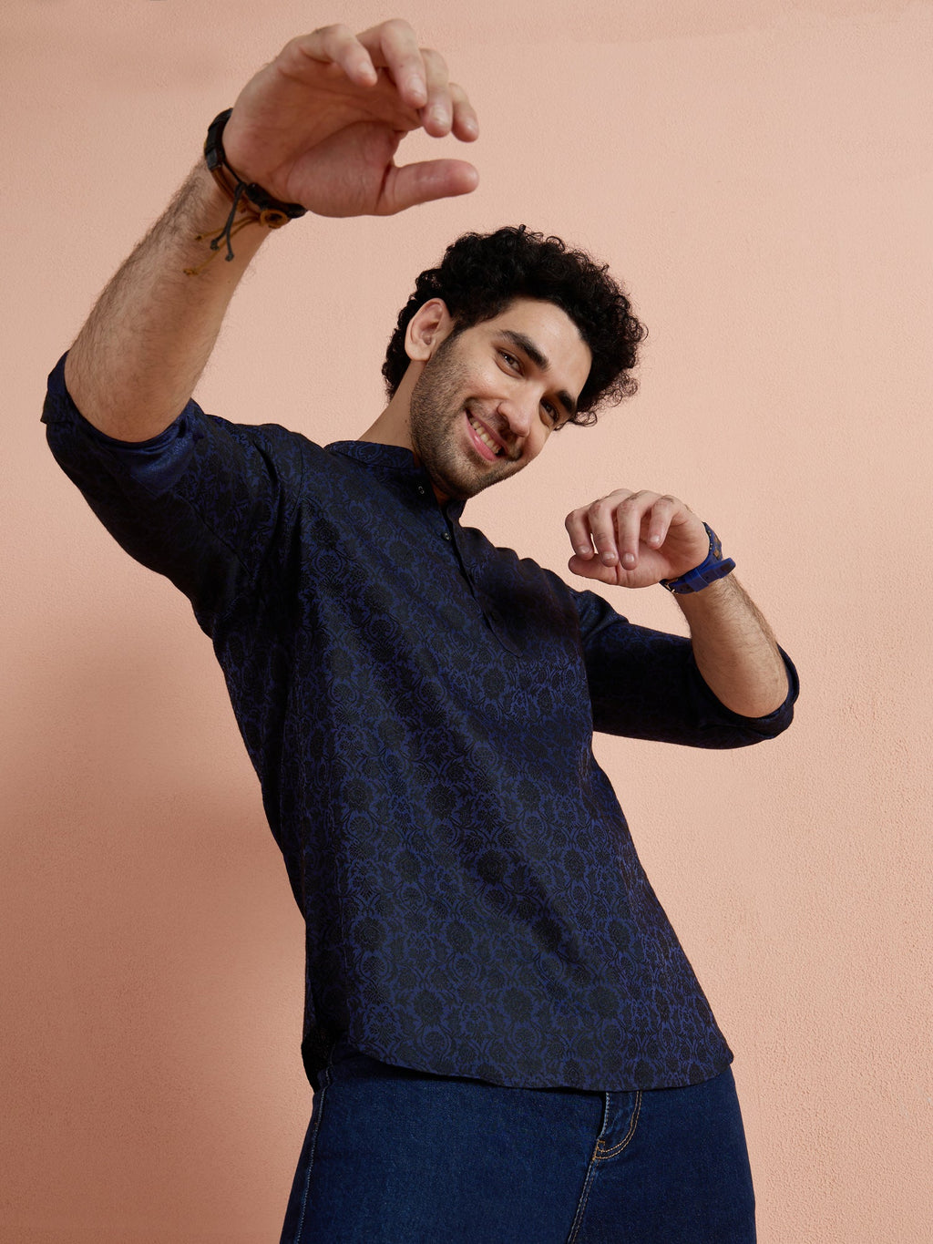 Blue Silk Blend Jacquard Short Kurta