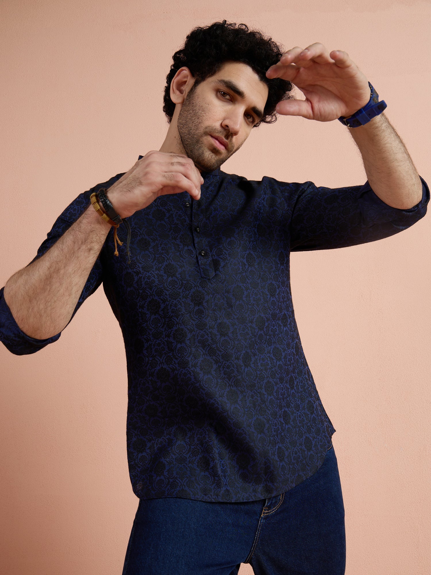 Blue Silk Blend Jacquard Short Kurta