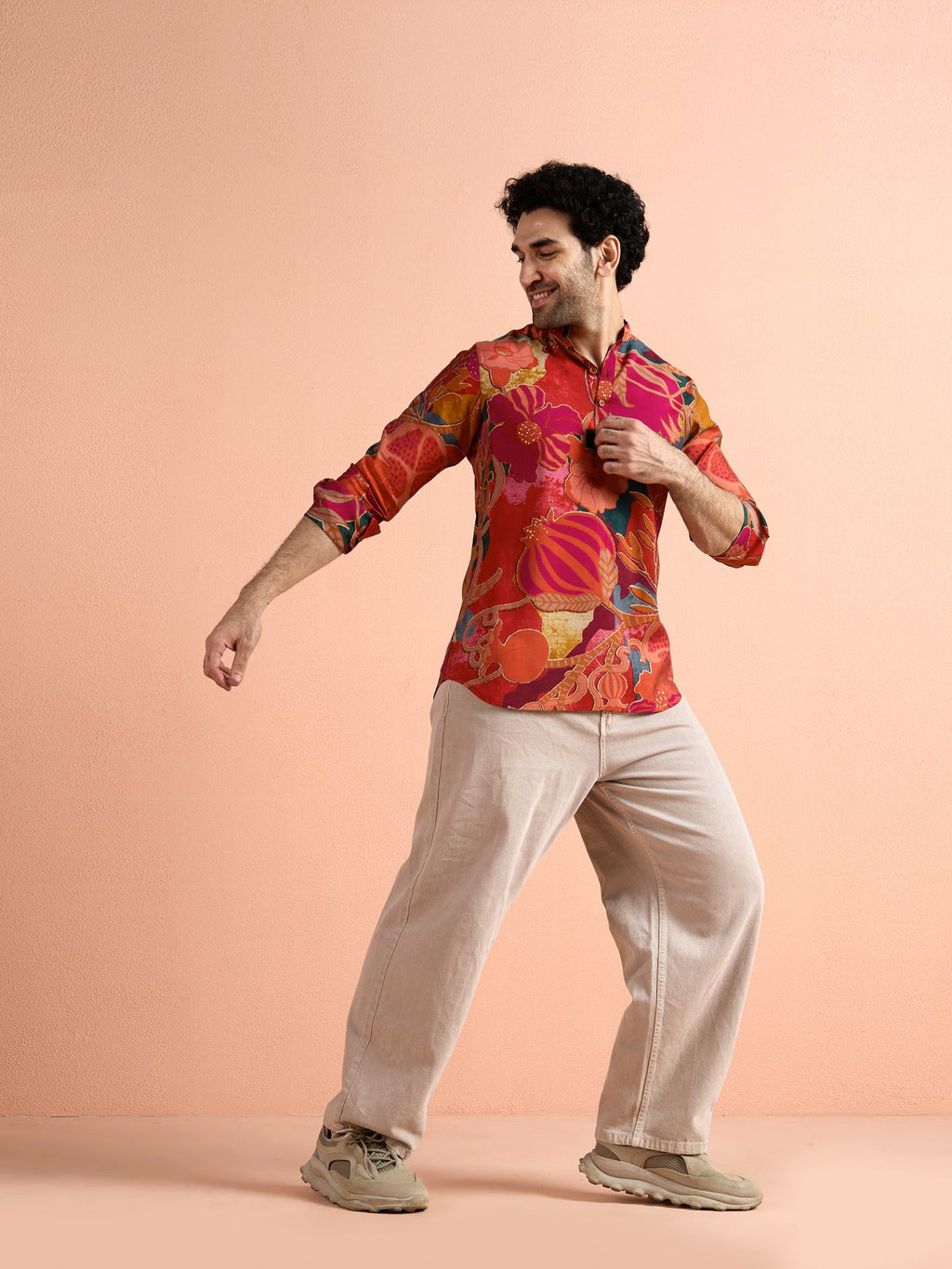 Red Polyviscose Printed Short Kurta