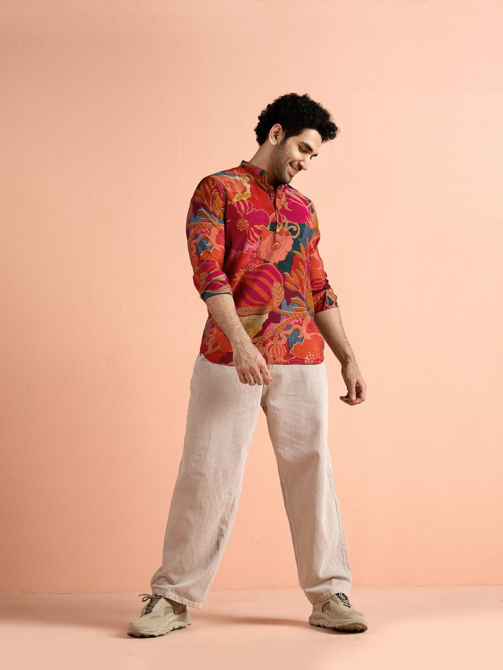 Red Polyviscose Printed Short Kurta