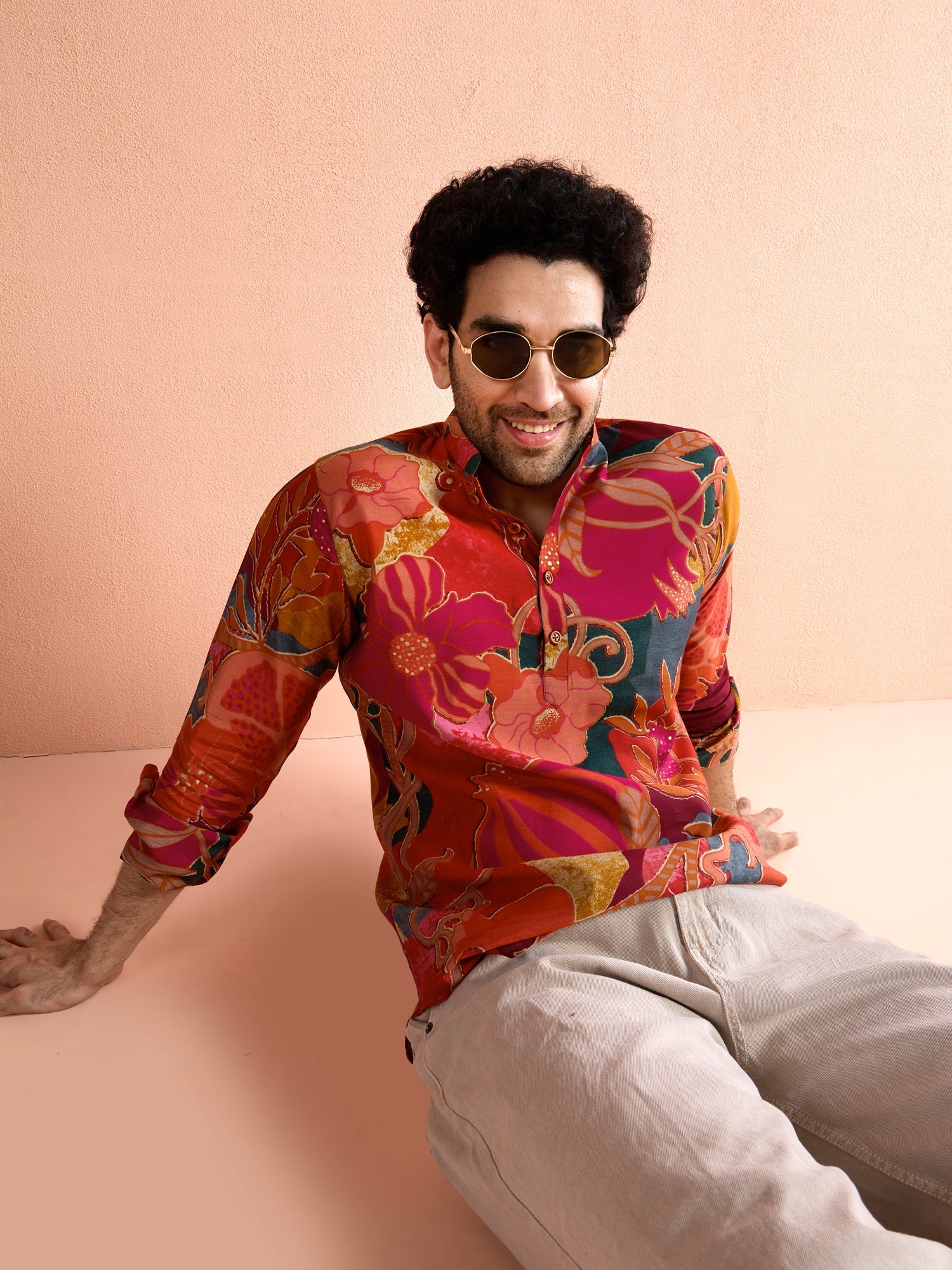 Red Polyviscose Printed Short Kurta