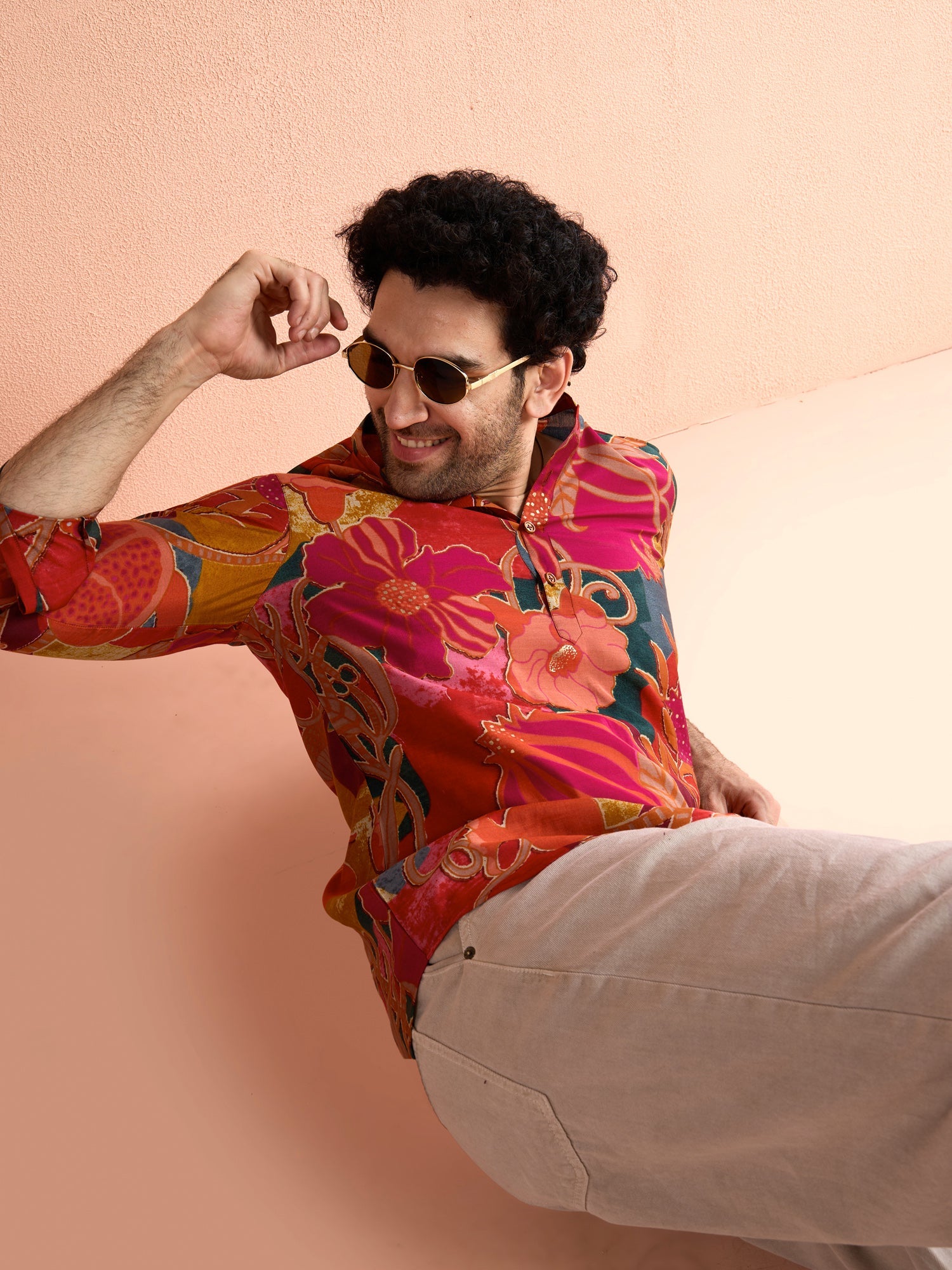 Red Polyviscose Printed Short Kurta