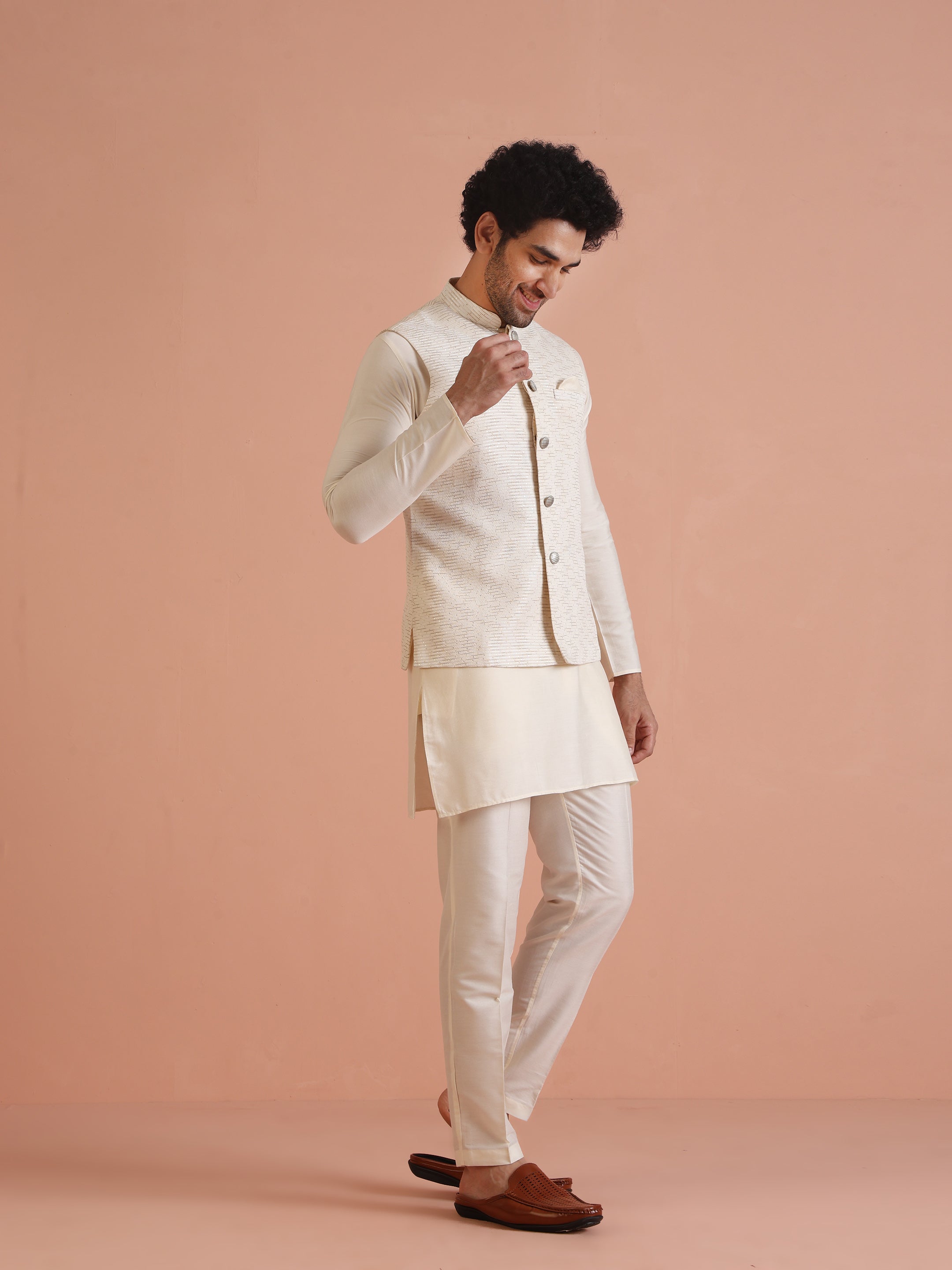 Cream Cotton Silk Textured Jacket