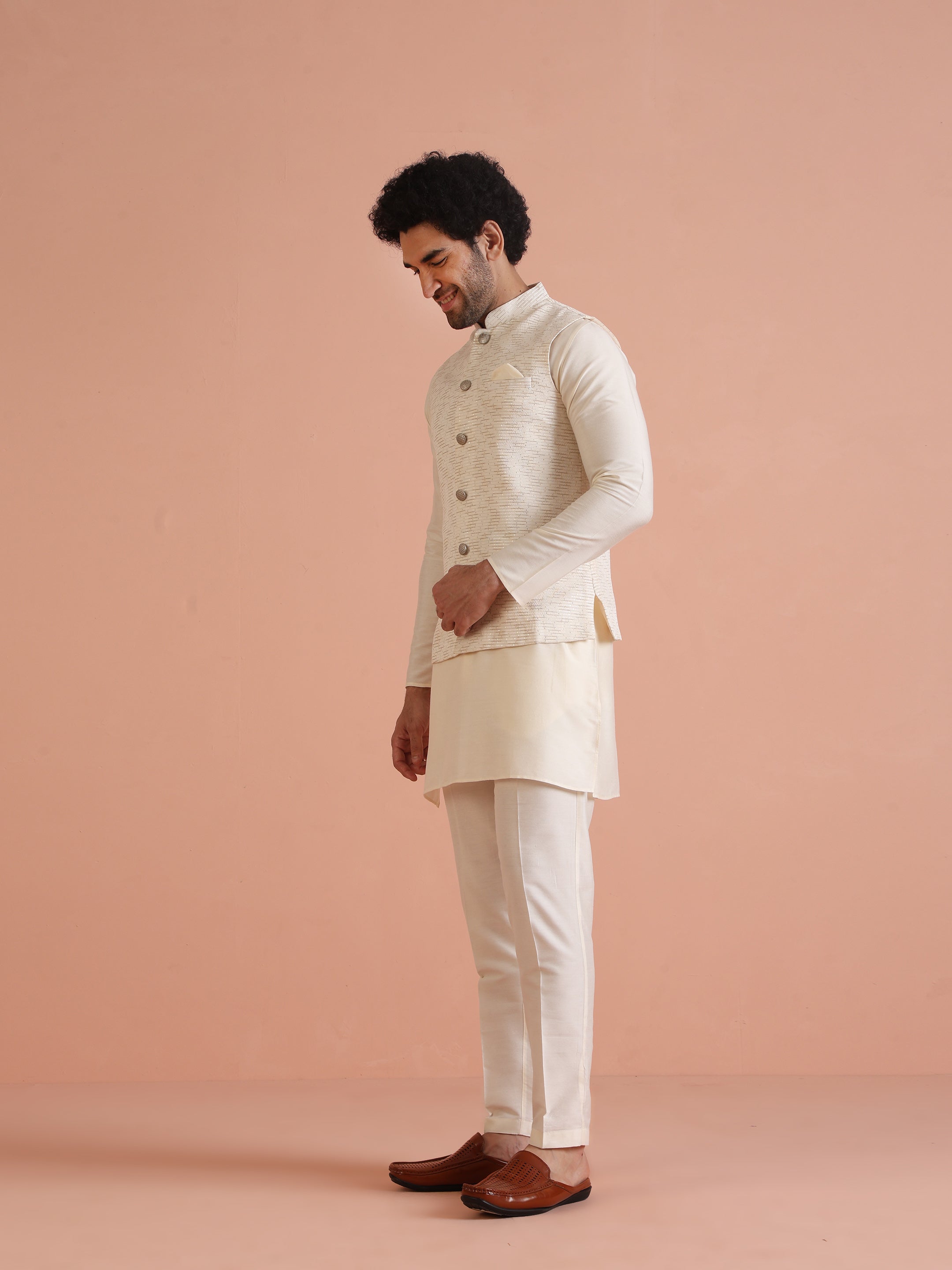 Cream Cotton Silk Textured Jacket
