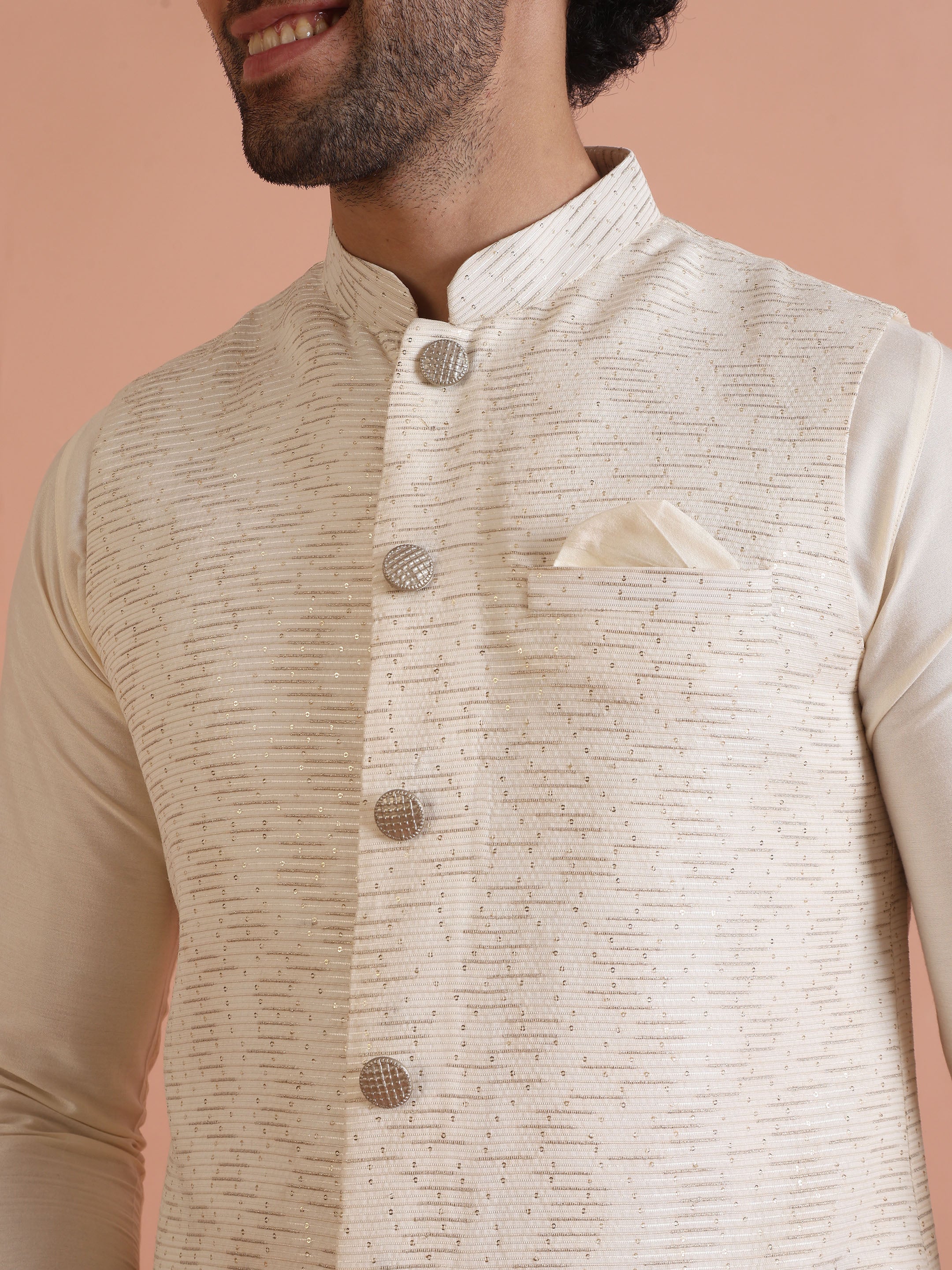 Cream Cotton Silk Textured Jacket