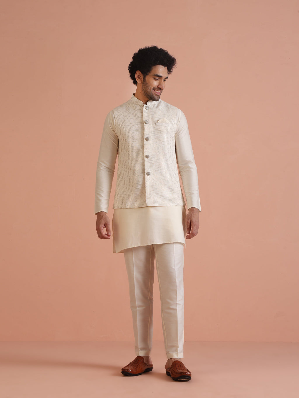 Cream Cotton Silk Textured Jacket
