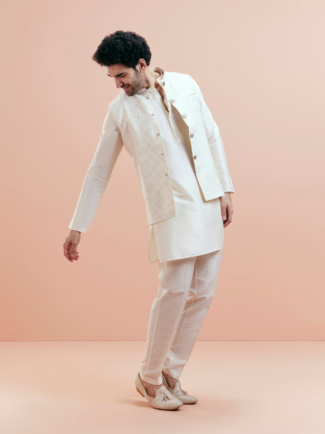 Cream Cotton Silk Textured Jacket