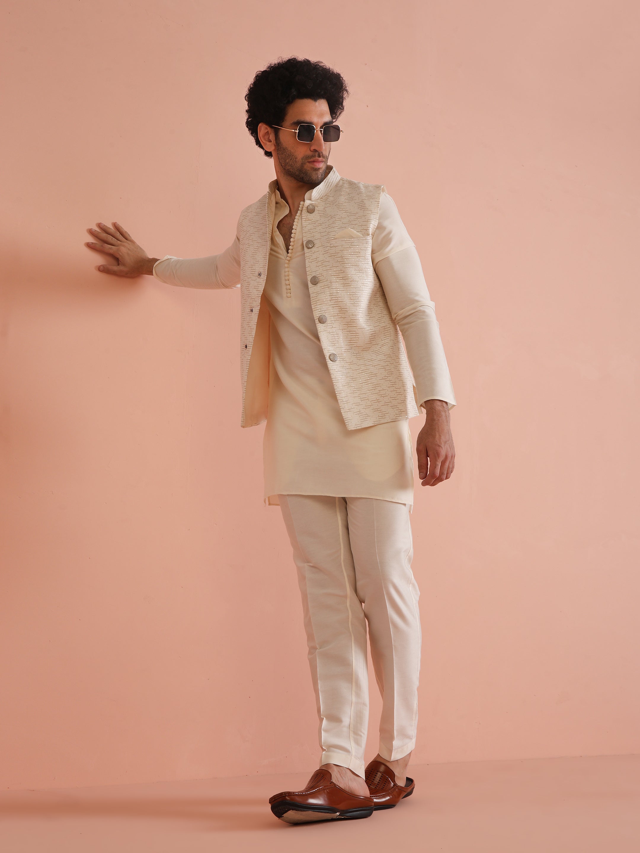 Cream Cotton Silk Textured Jacket