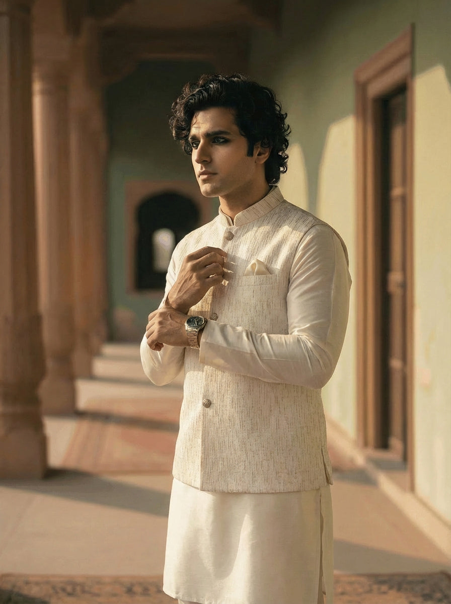 Cream Cotton Silk Textured Jacket
