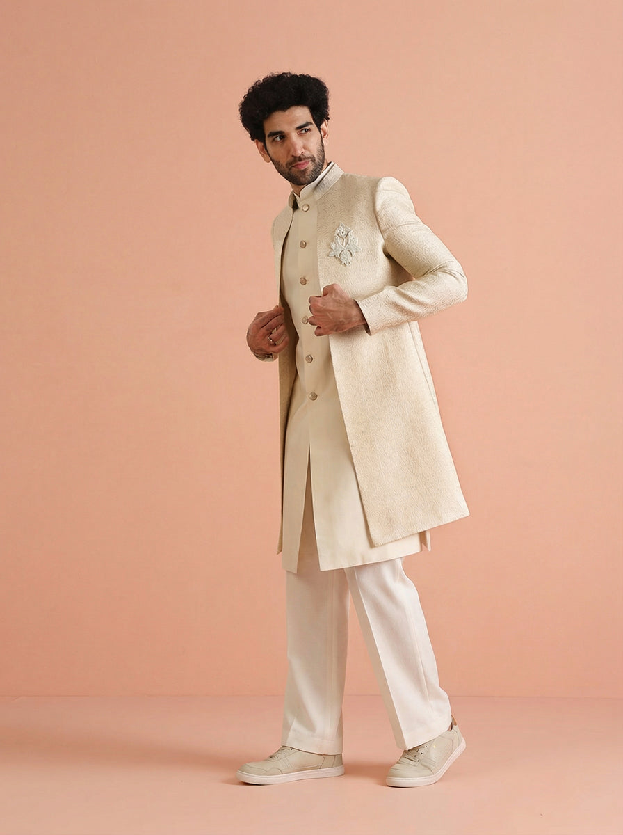 Cream Silk Blend Jacquard Inner Jacket Front Open Sherwani Wide Leg Trouser Set