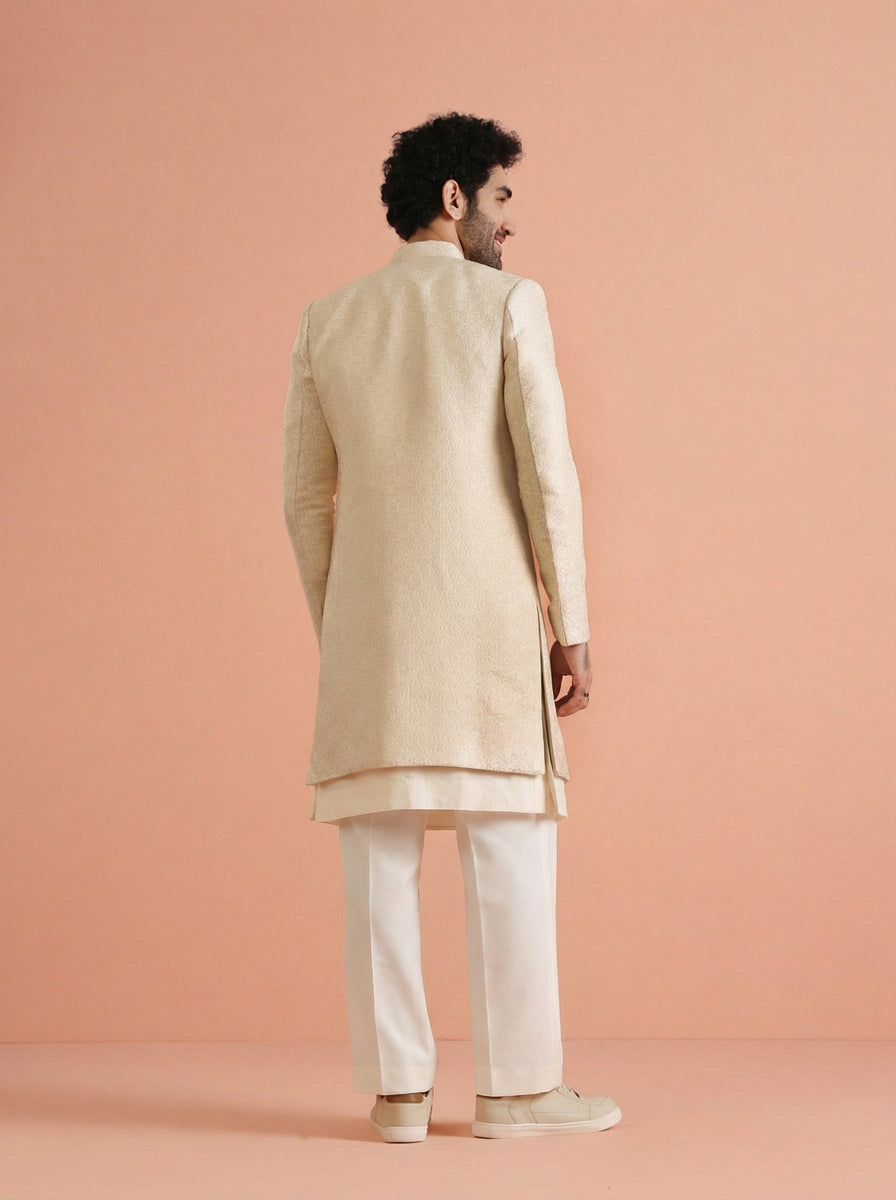 Cream Silk Blend Jacquard Inner Jacket Front Open Sherwani Wide Leg Trouser Set