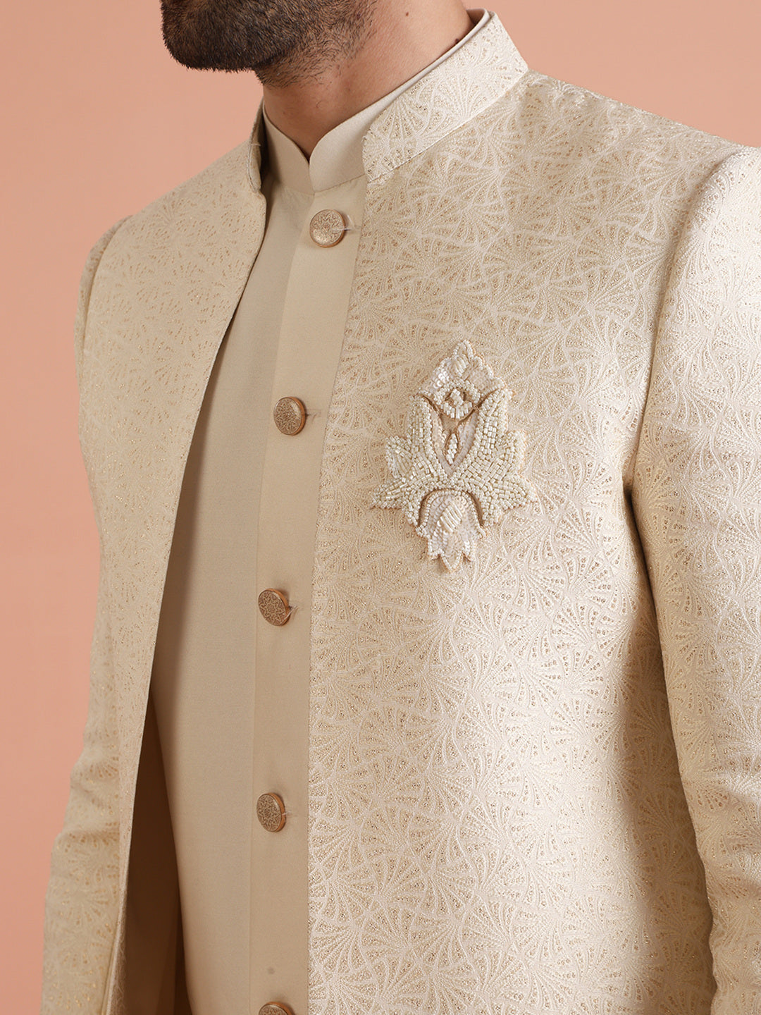 Cream Silk Blend Jacquard Inner Jacket Front Open Sherwani Wide Leg Trouser Set