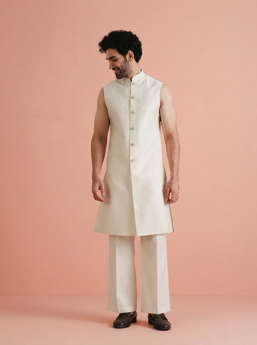 Cream Silk Blend Jacquard Inner Jacket Front Open Sherwani Wide Leg Trouser Set