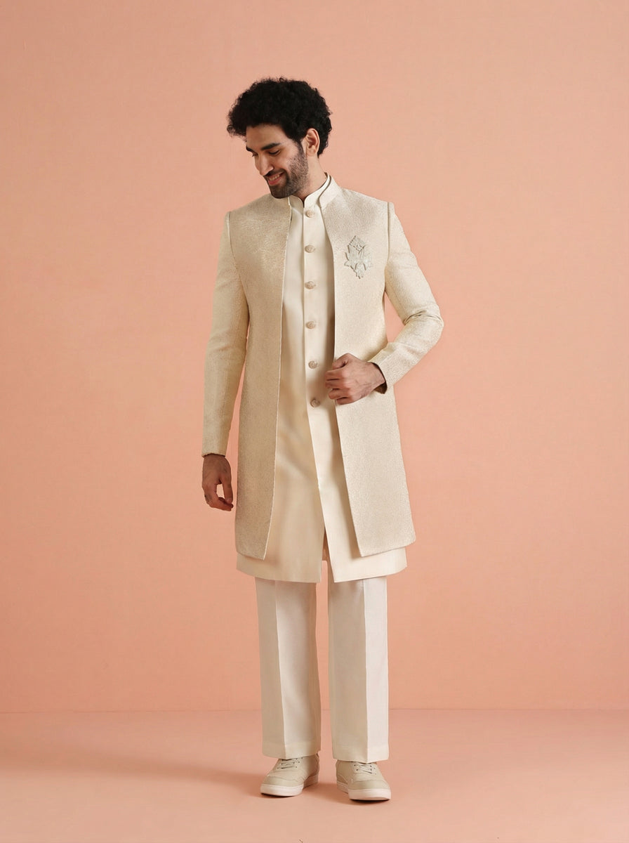 Cream Silk Blend Jacquard Inner Jacket Front Open Sherwani Wide Leg Trouser Set
