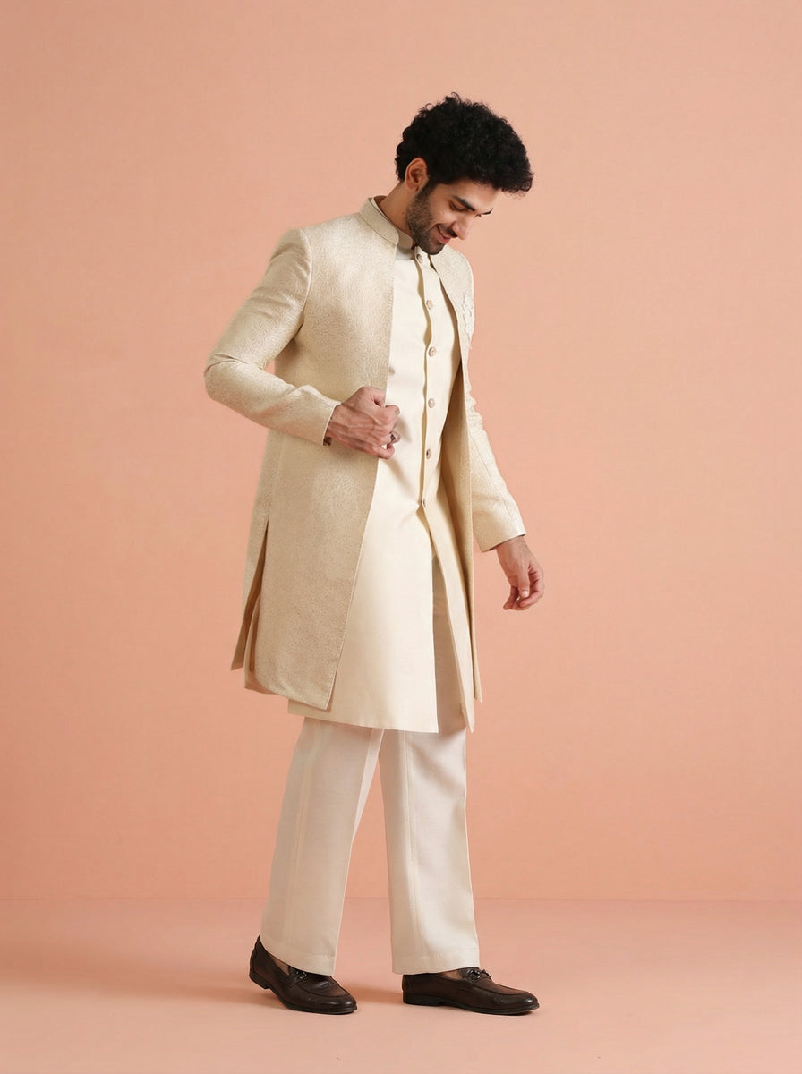 Cream Silk Blend Jacquard Inner Jacket Front Open Sherwani Wide Leg Trouser Set