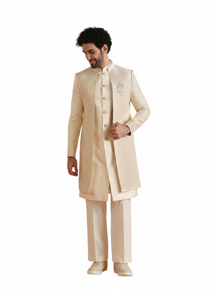 Cream Silk Blend Jacquard Inner Jacket Front Open Sherwani Wide Leg Trouser Set
