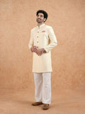 Cream Silk Blend Textured Sherwani Wide Leg Trouser Set