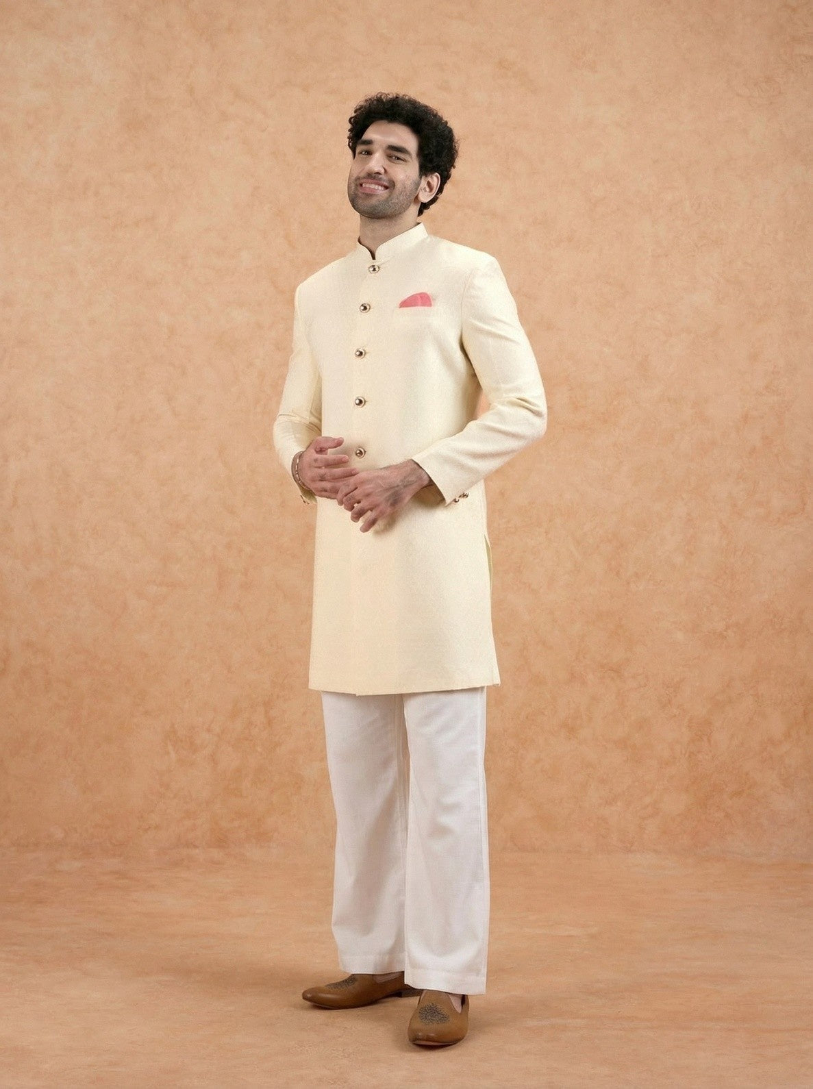 Cream Silk Blend Textured Sherwani Wide Leg Trouser Set