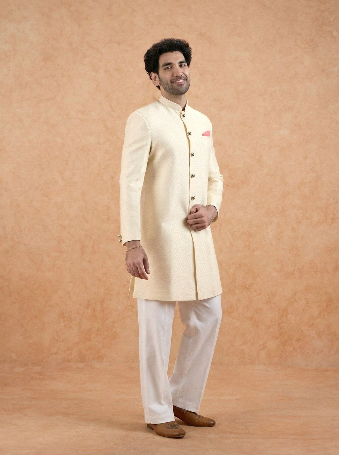 Cream Silk Blend Textured Sherwani Wide Leg Trouser Set