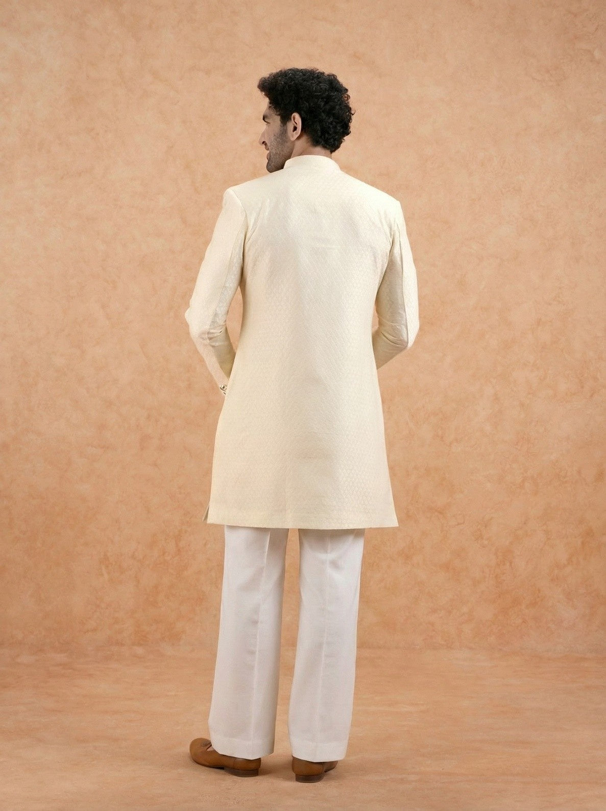 Cream Silk Blend Textured Sherwani Wide Leg Trouser Set