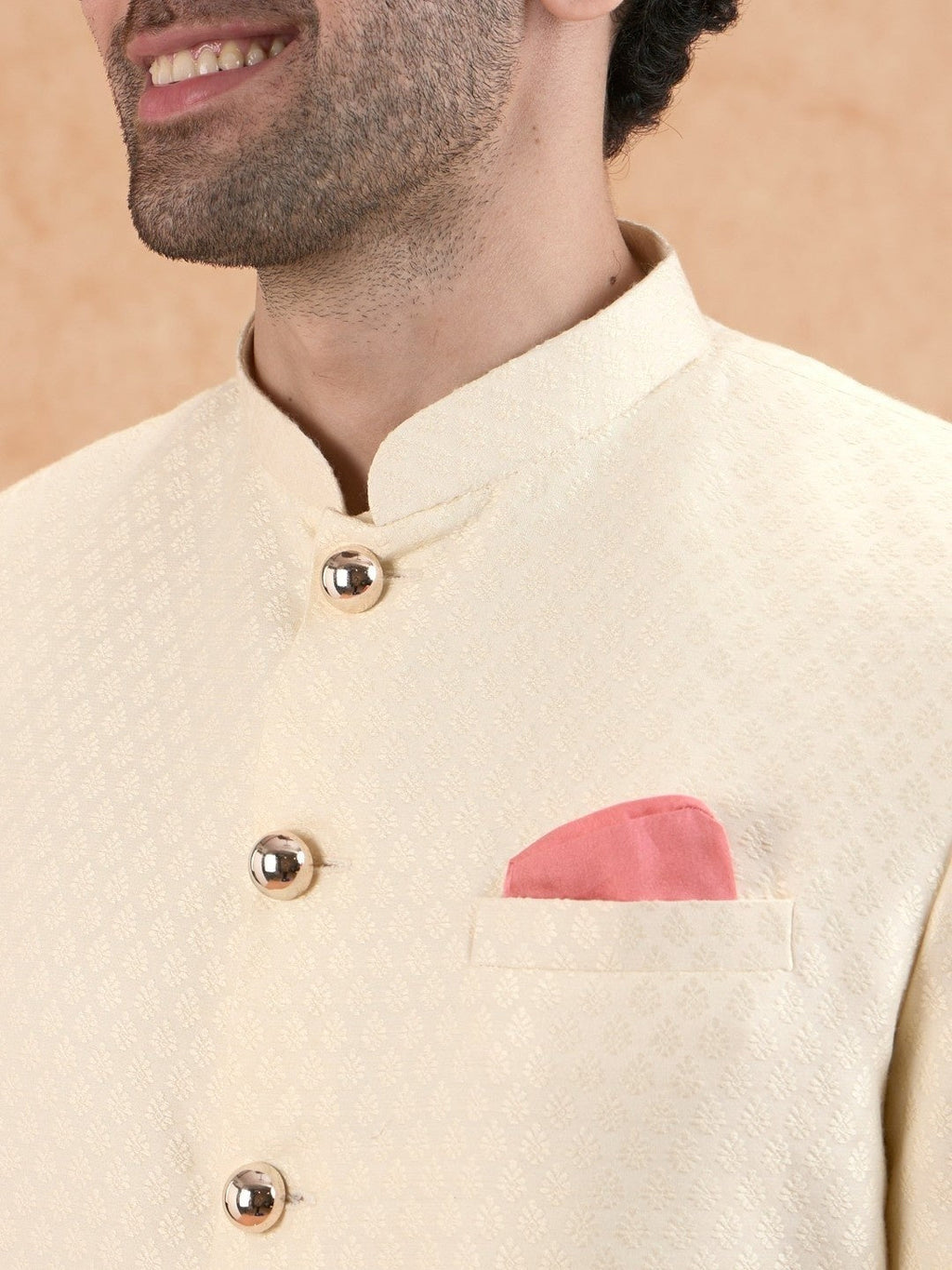 Cream Silk Blend Textured Sherwani Wide Leg Trouser Set