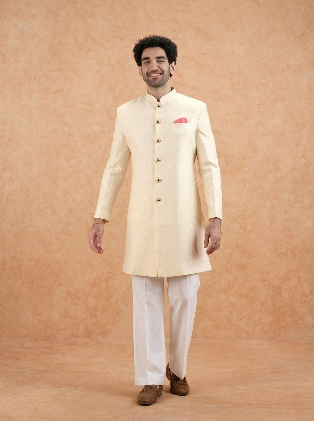Cream Silk Blend Textured Sherwani Wide Leg Trouser Set