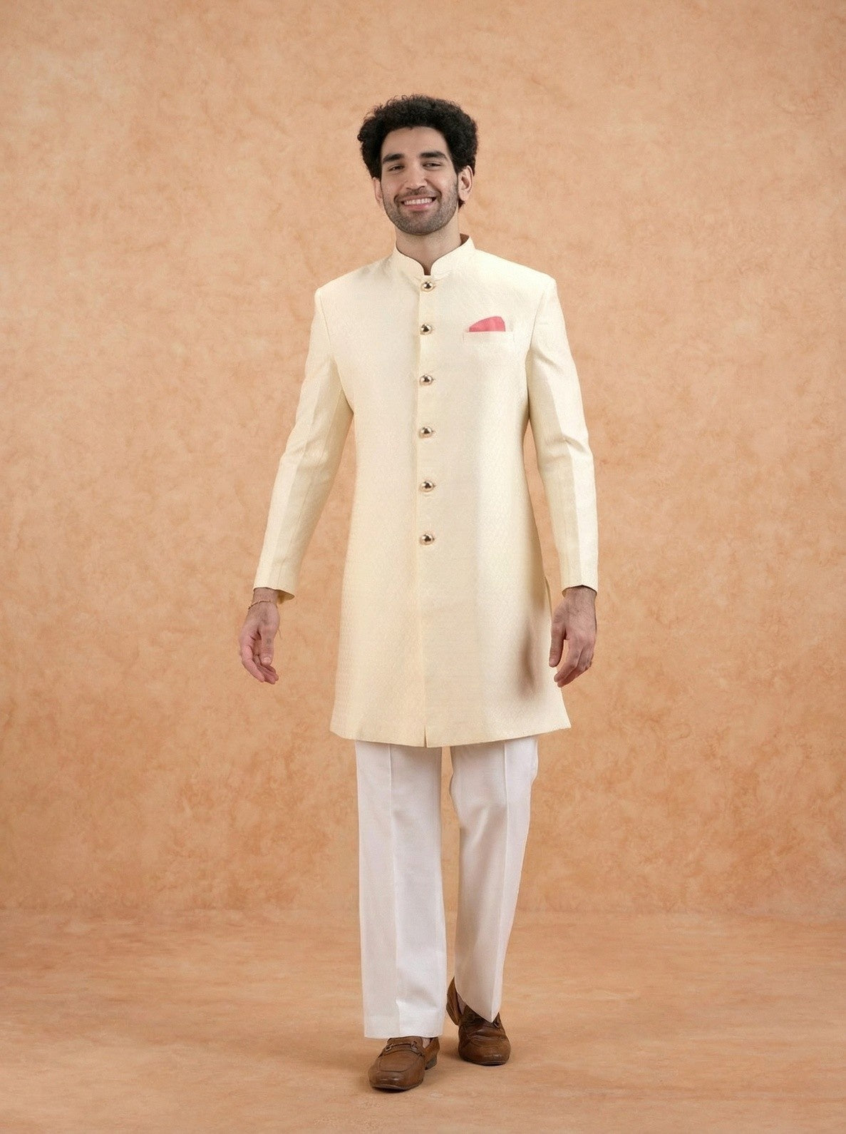 Cream Silk Blend Textured Sherwani Wide Leg Trouser Set