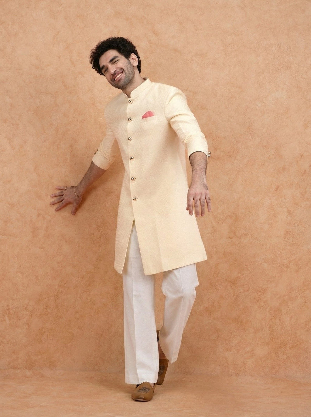 Cream Silk Blend Textured Sherwani Wide Leg Trouser Set