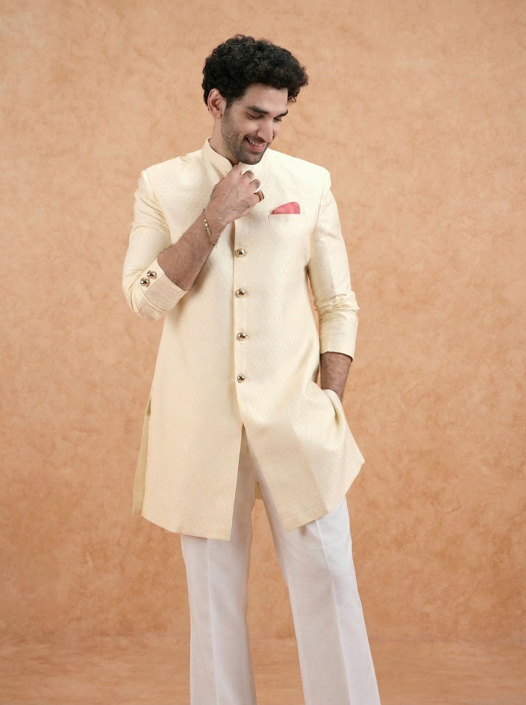 Cream Silk Blend Textured Sherwani Wide Leg Trouser Set