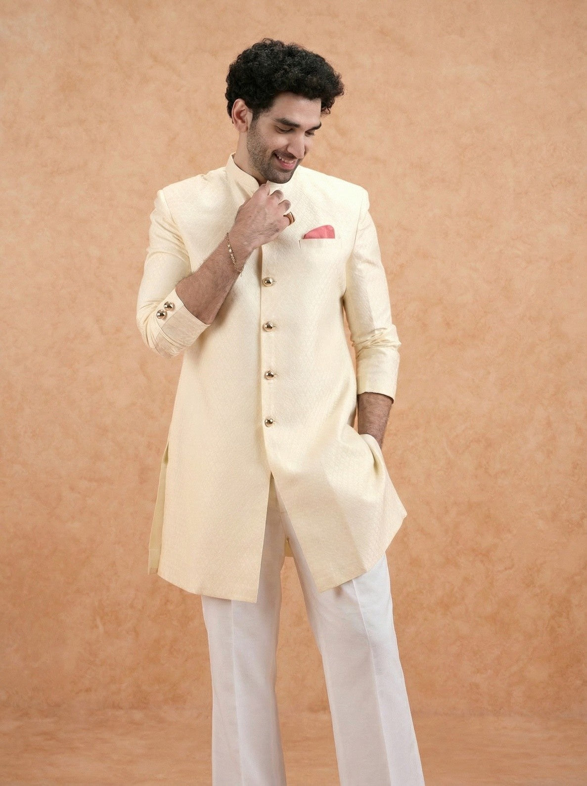 Cream Silk Blend Textured Sherwani Wide Leg Trouser Set