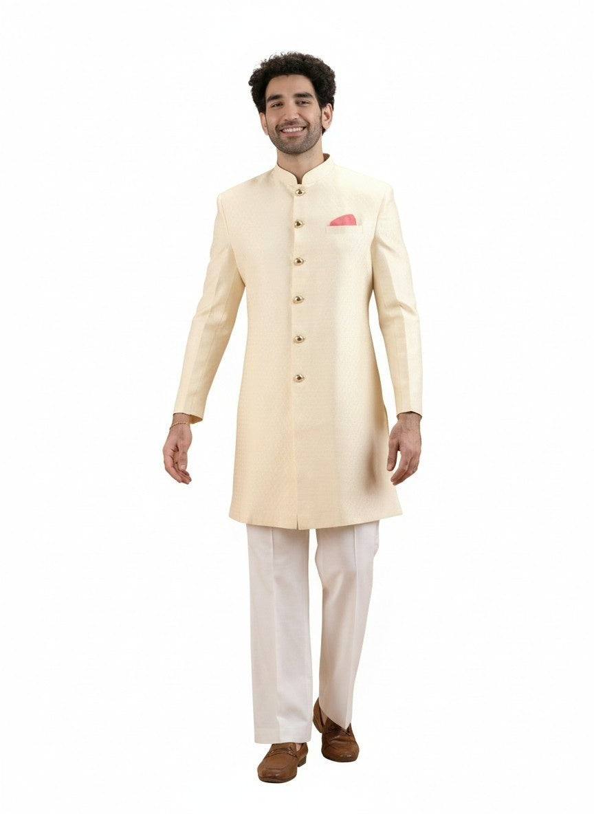 Cream Silk Blend Textured Sherwani Wide Leg Trouser Set