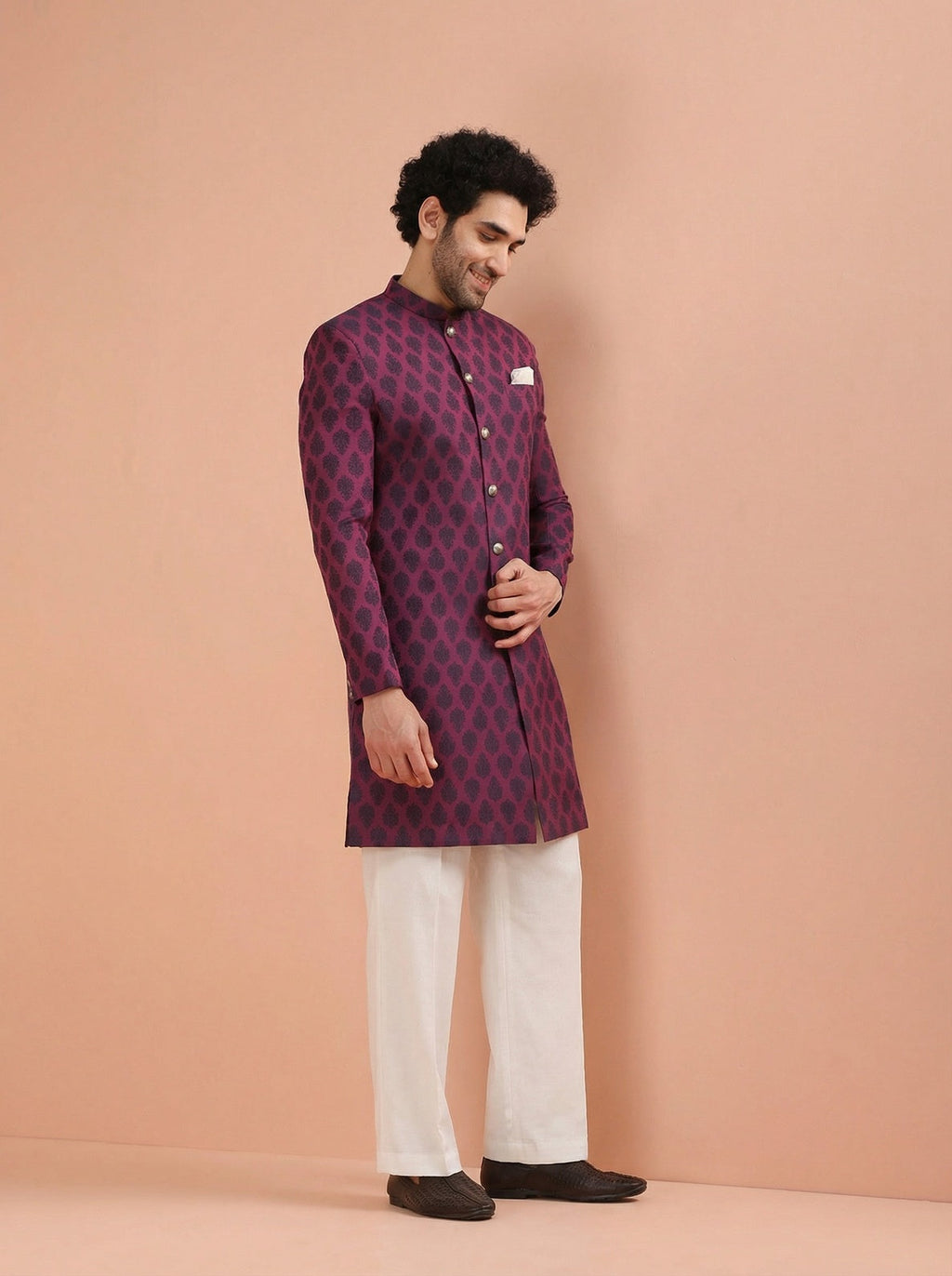Maroon Silk Blend Textured Sherwani Wide Leg Trouser Set
