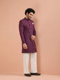 Maroon Silk Blend Textured Sherwani Wide Leg Trouser Set