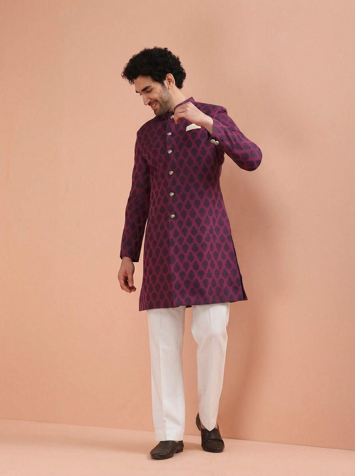 Maroon Silk Blend Textured Sherwani Wide Leg Trouser Set