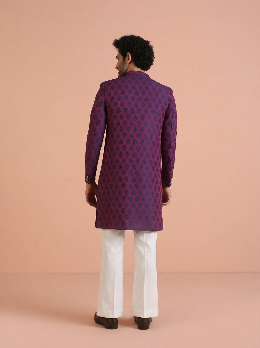 Maroon Silk Blend Textured Sherwani Wide Leg Trouser Set