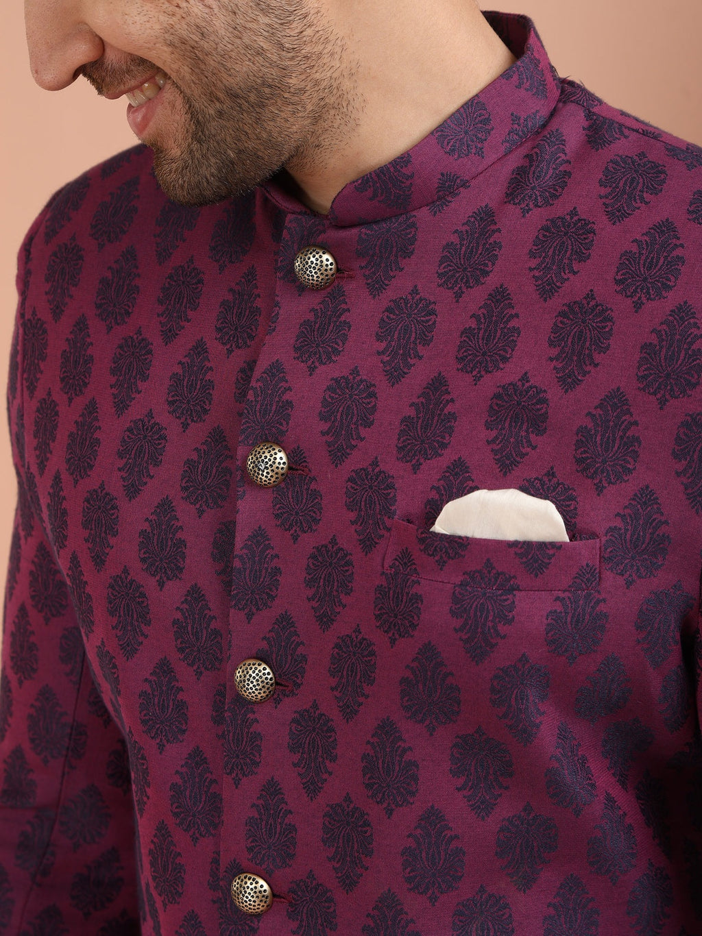 Maroon Silk Blend Textured Sherwani Wide Leg Trouser Set
