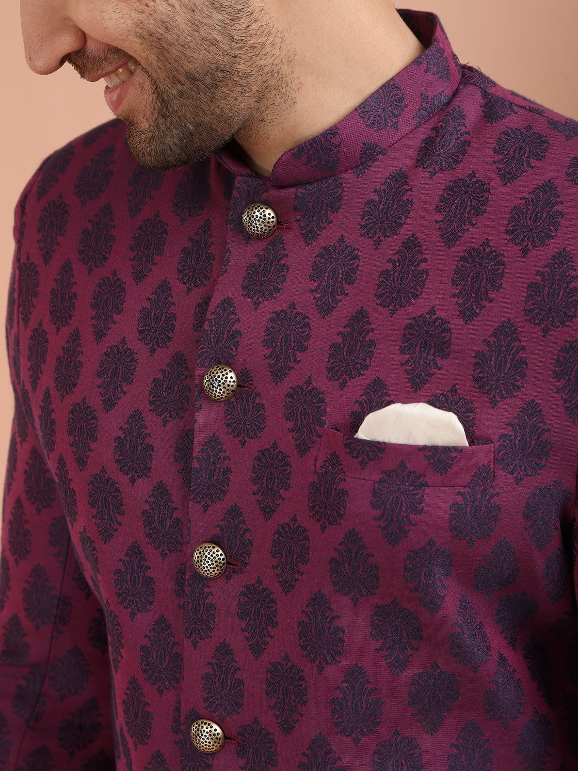 Maroon Silk Blend Textured Sherwani Wide Leg Trouser Set