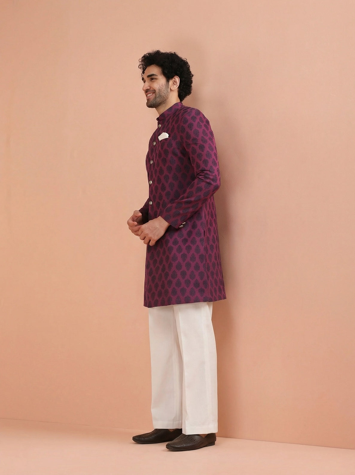 Maroon Silk Blend Textured Sherwani Wide Leg Trouser Set