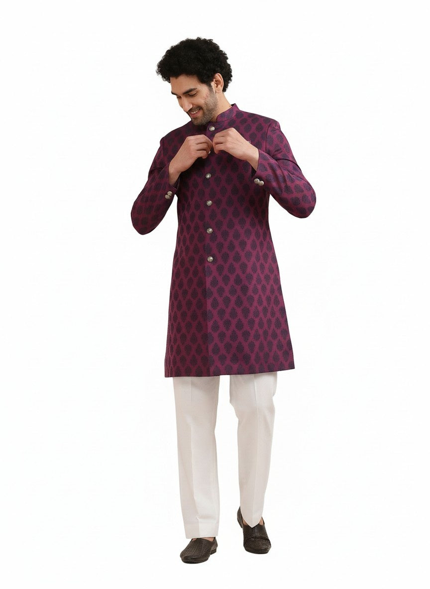 Maroon Silk Blend Textured Sherwani Wide Leg Trouser Set