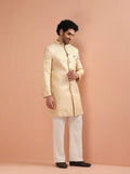 Cream Silk Blend Jacquard Sherwani Wide Leg Trouser Set