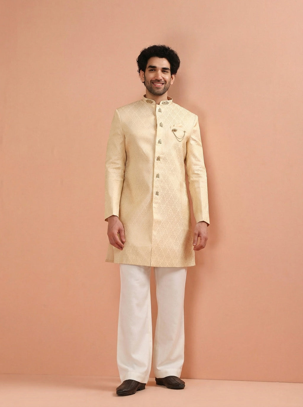 Cream Silk Blend Jacquard Sherwani Wide Leg Trouser Set