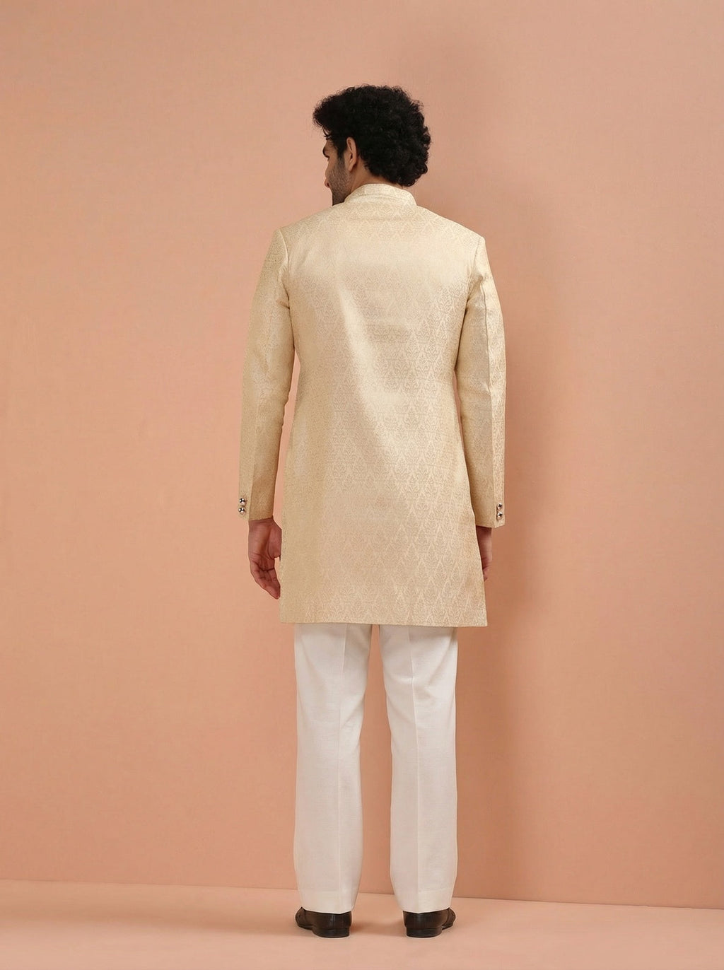 Cream Silk Blend Jacquard Sherwani Wide Leg Trouser Set