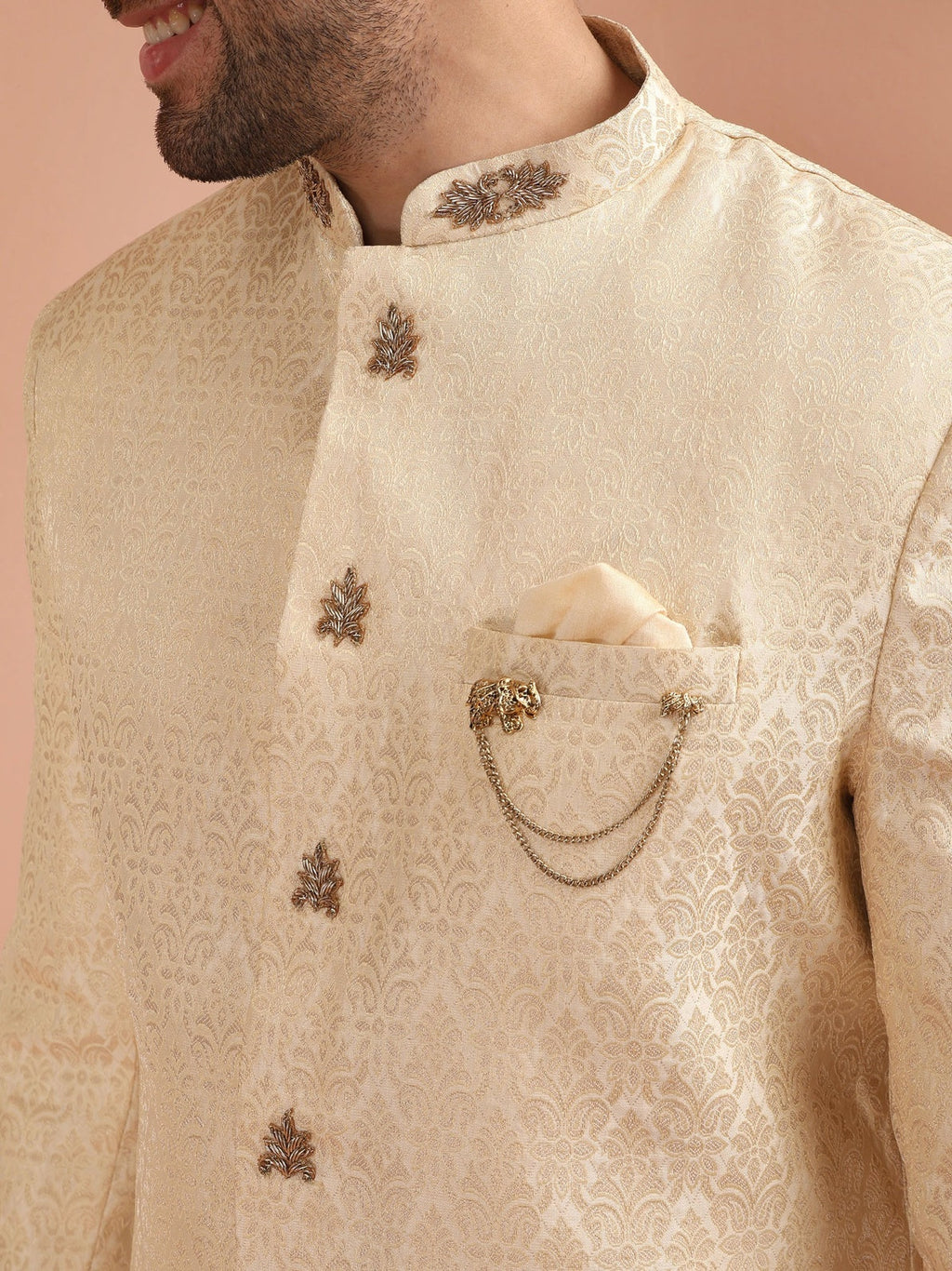 Cream Silk Blend Jacquard Sherwani Wide Leg Trouser Set