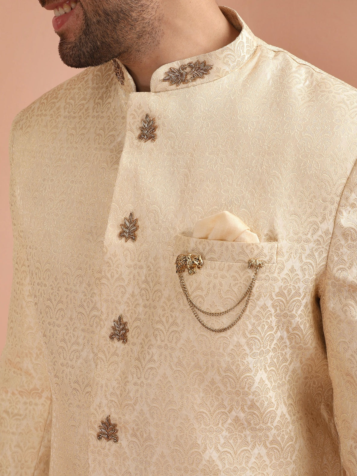 Cream Silk Blend Jacquard Sherwani Wide Leg Trouser Set