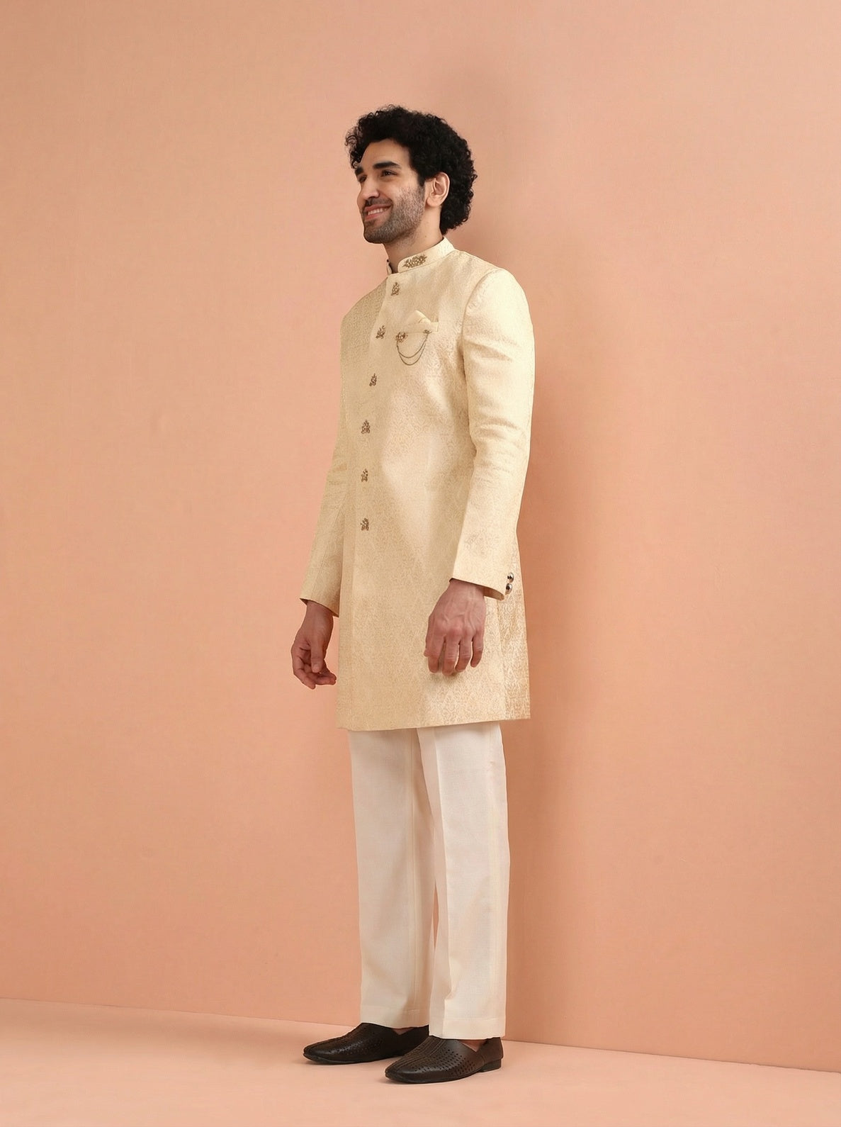 Cream Silk Blend Jacquard Sherwani Wide Leg Trouser Set