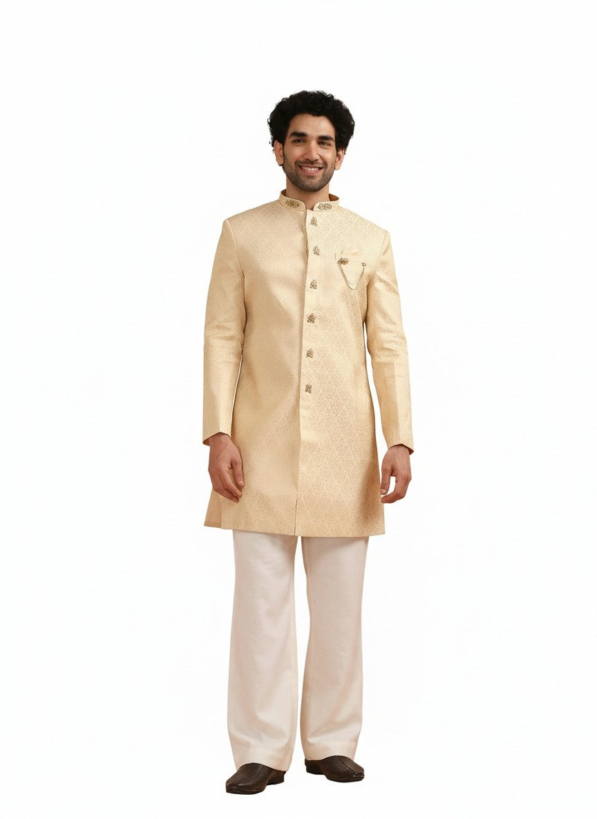 Cream Silk Blend Jacquard Sherwani Wide Leg Trouser Set