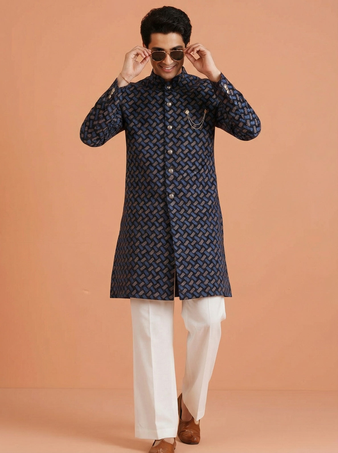 Navy Blue Pure Cotton Printed Sherwani Wide Leg Trouser Set