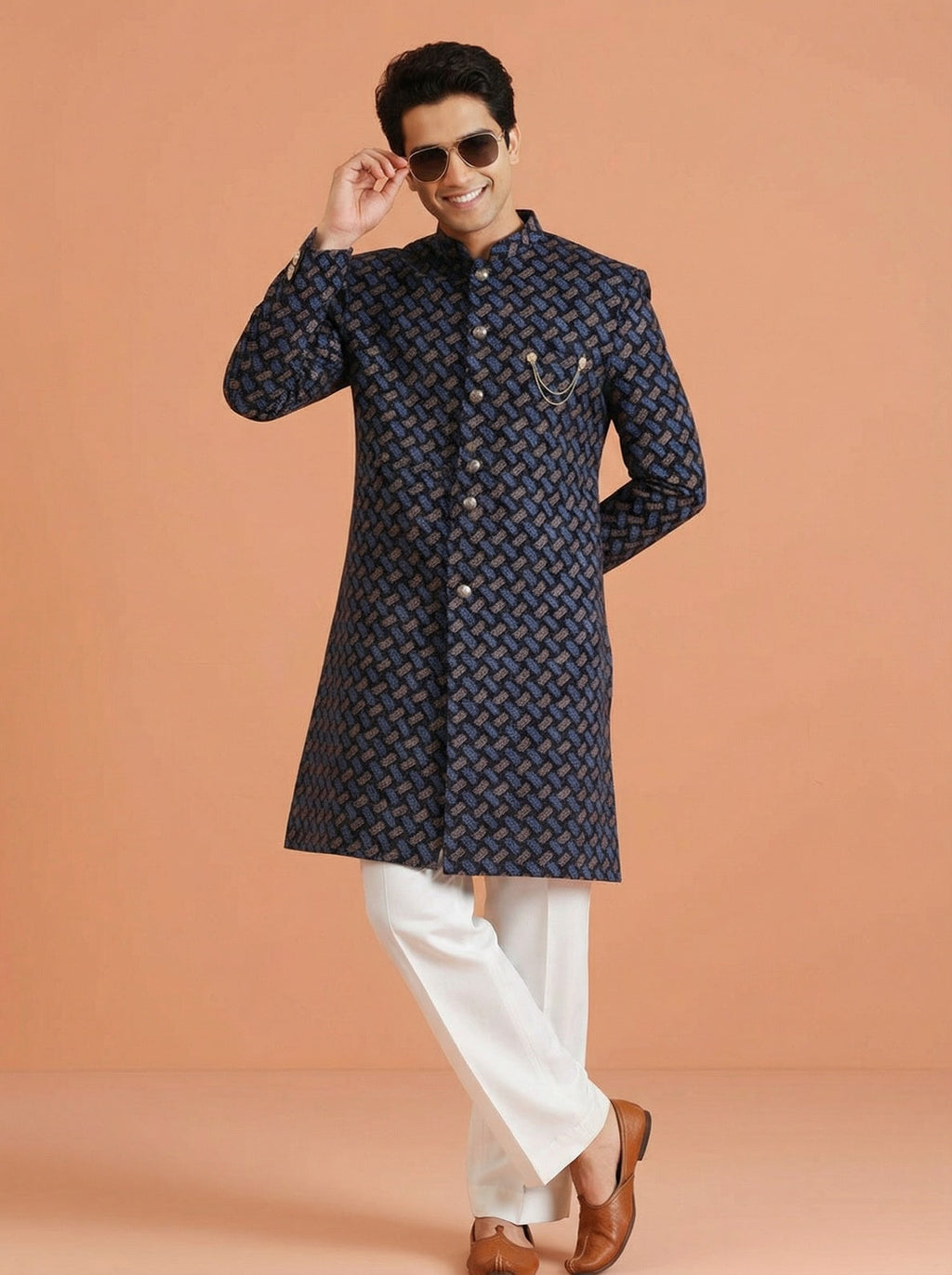 Navy Blue Pure Cotton Printed Sherwani Wide Leg Trouser Set