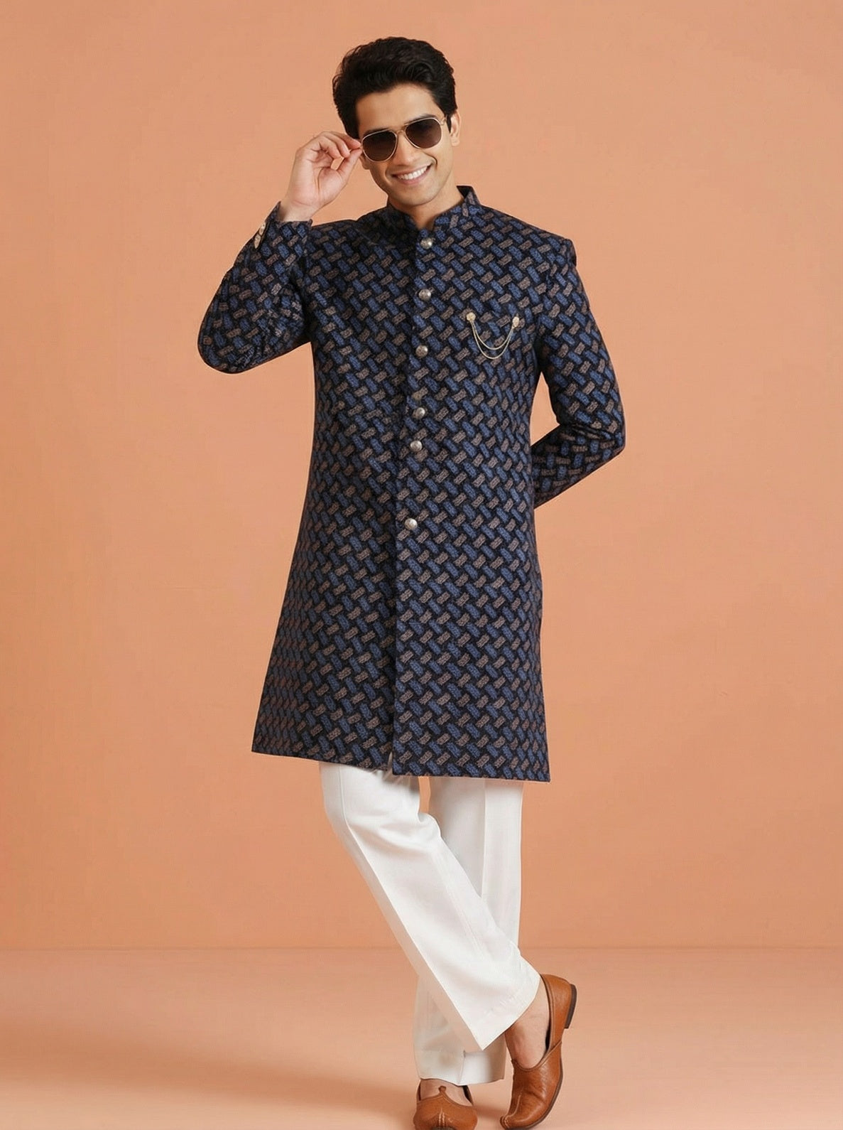 Navy Blue Pure Cotton Printed Sherwani Wide Leg Trouser Set