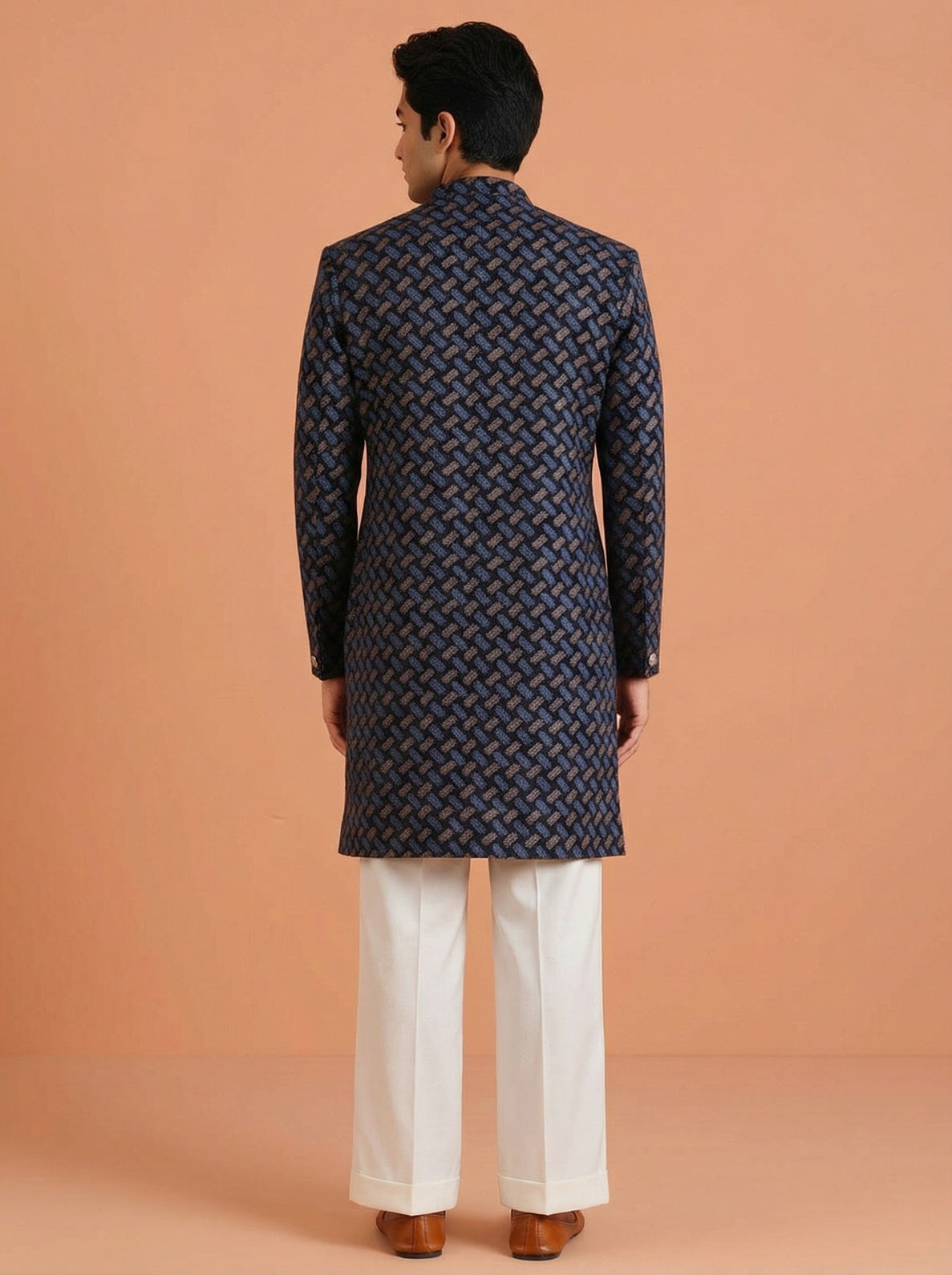 Navy Blue Pure Cotton Printed Sherwani Wide Leg Trouser Set